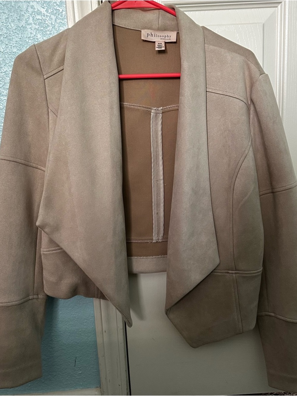 Philosophy Taupe Open-Front Draped Suede Jacket